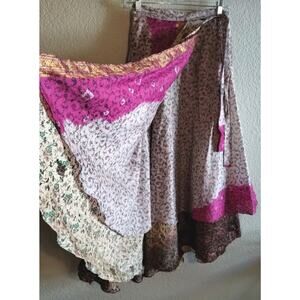 Handmade Sari 100% Silk Wrap Skirt Maxi Boho Layered Floral Ruffles Flowy Fun OS